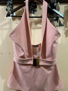 Pink Deep V Halter Top with Gold Accent